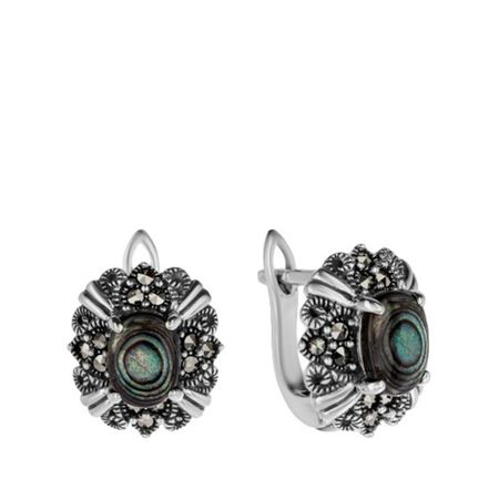 Серебряные серьги с марказитами и перламутром с чернением