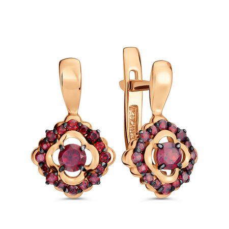 Золотые серьги с гранатом и чернением с родированием