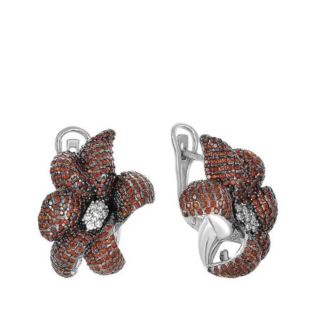 Серебряные серьги Цветок с фианитами и чернением с родированием