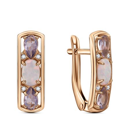 Серебряные серьги с опалами и аметистами с фианитами и позолотой