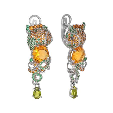 Серьги из серебра с хризолитами и самоцветами