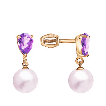 Золотые серьги с жемчугом и аметистами