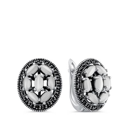 Серебряные серьги с перламутром и марказитами с чернением