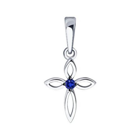 Золотая подвеска Крест с сапфиром и родированием