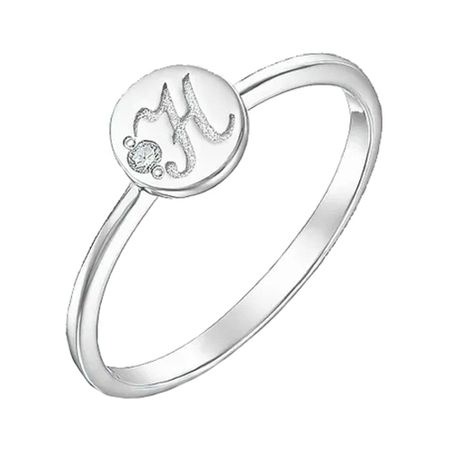 Серебряное кольцо Буква Н с фианитом и родированием