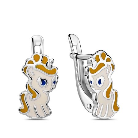 Серебряные детские серьги Единорог с эмалью и родированием