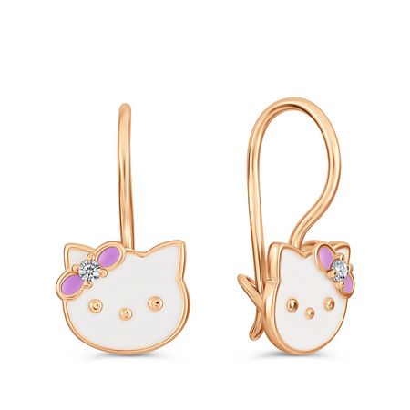 Серебряные детские серьги Кошка с эмалью и фианитами