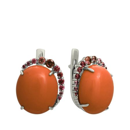 Серебряные серьги с кораллами и фианитами с родированием