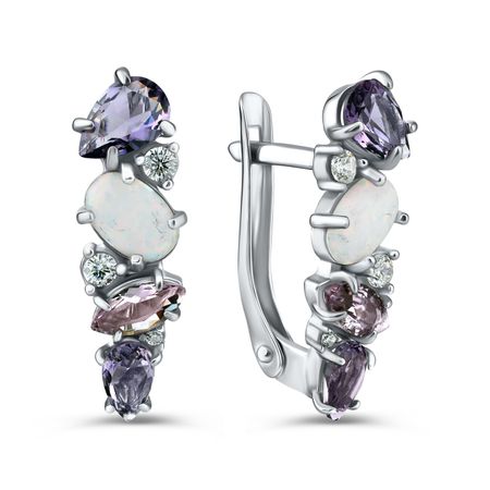 Серебряные серьги с опалами и аметистами с фианитами и родированием