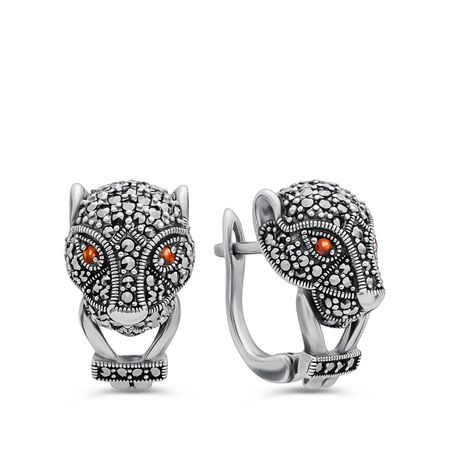 Серебряные серьги с марказитами и гранатом с чернением