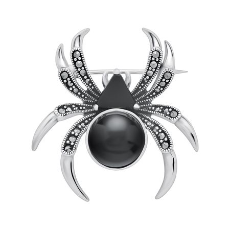 Серебряная брошь с марказитами и ониксом с чернением