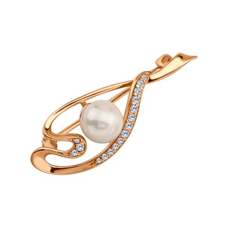 Серебряная брошь с жемчугом и фианитами с позолотой