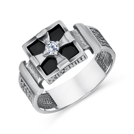 Серебряная печатка Спаси и сохрани с ониксом и фианитами