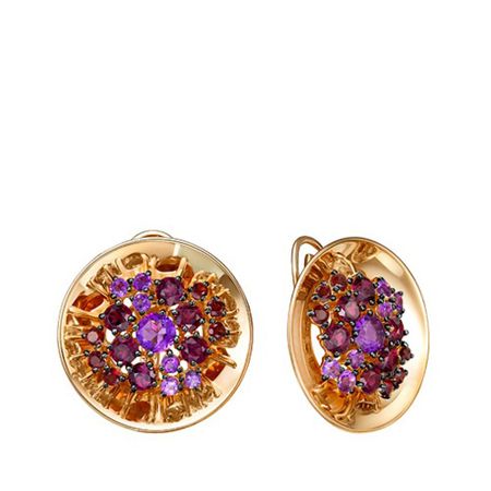Золотые серьги с аметистами и гранатом с родолитами и черным родированием