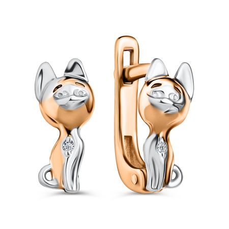 Серебряные детские серьги Кошка с фианитами и позолотой