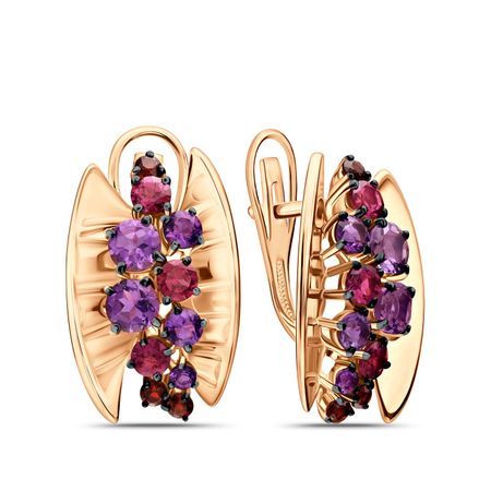 Золотые серьги с аметистами, родолитами и гранатом