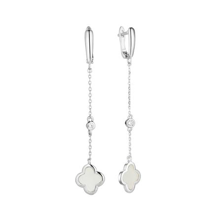 Серебряные серьги Клевер с перламутром и фианитами с родированием