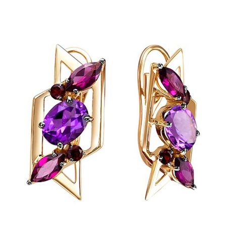 Золотые серьги с аметистами и гранатом с родолитами и черным родированием