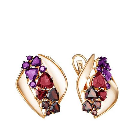 Золотые серьги с аметистами и гранатом с родолитами и черным родированием