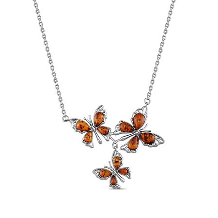 Серебряное колье Бабочки с янтарем и платинированием