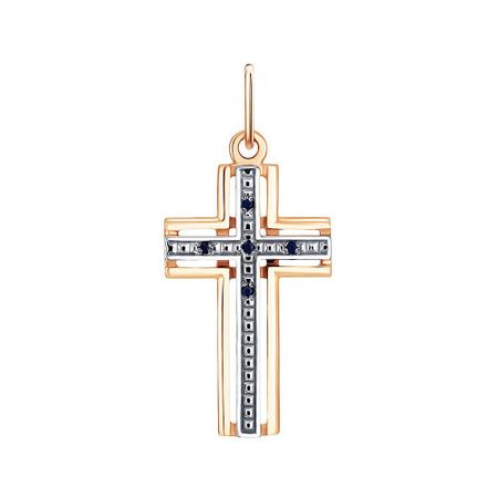 Золотая подвеска Крест с сапфирами и родированием