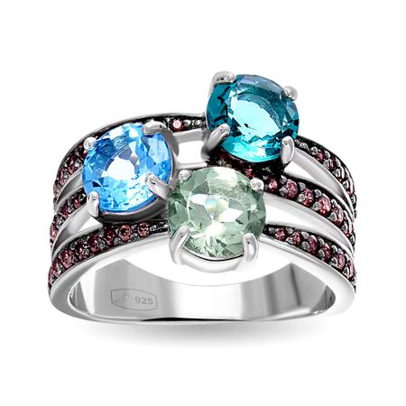 Серебряное кольцо с аметистом и топазом с ювелирным кристаллом и шпинелью с родированием