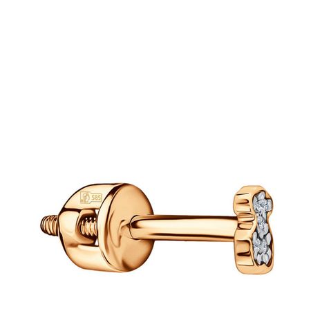 Золотая серьга Медведь с бриллиантами и родированием