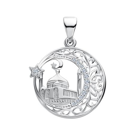 Серебряная мусульманская подвеска Мечеть с фианитами и родированием