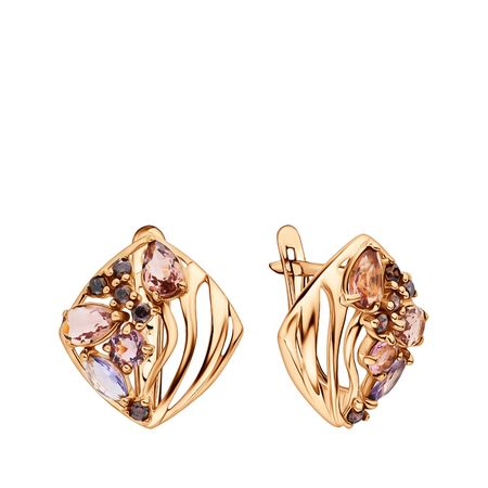 Серебряные серьги с аметистами и морганитами с родолитами и фианитами с позолотой