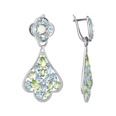 Серебряные серьги с празиолитами и опалами с топазами и фианитами с родированием