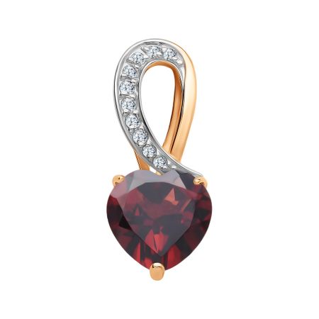 Золотая подвеска Сердце с гранатом и фианитами с родированием