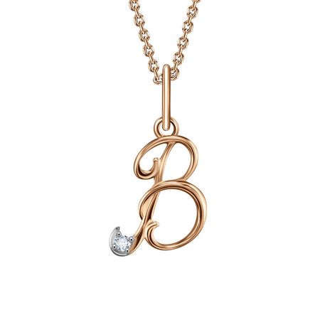 Золотая подвеска буква В с бриллиантом и родированием