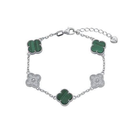 Серебряный браслет Клевер с малахитом и фианитами с родированием