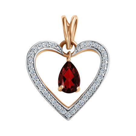Золотая подвеска Сердце с гранатом и фианитами с родированием