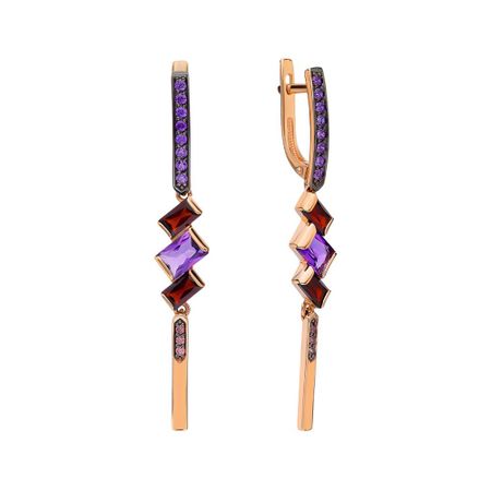 Золотые серьги с гранатом и аметистами с фианитами и родированием