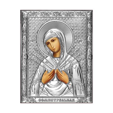 Икона Семистрельная Богородица на дереве с посеребрением 14х18 см