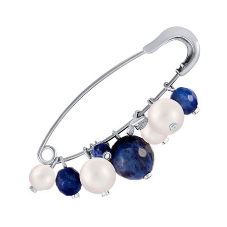 Брошь-булавка из серебра с содалитами и жемчугом