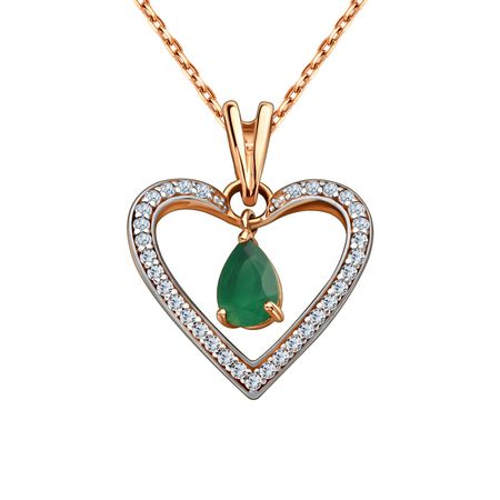 Золотая подвеска Сердце с агатом и фианитами с родированием