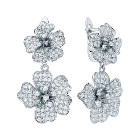 Серебряные серьги Цветок с фианитами и родированием