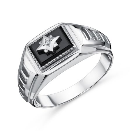 Серебряная печатка с ониксом и фианитом с родированием
