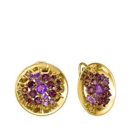 Золотые серьги с аметистами и гранатом с родолитами и черным родированием