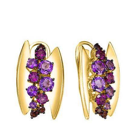 Золотые серьги с аметистами и гранатом с родолитами и черным родированием