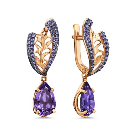 Серебряные серьги с ювелирными кристаллами и фианитами с позолотой и чернением