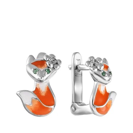 Серьги детские Лиса из серебра с эмалью лиса и дрозд