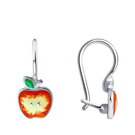 Серебряные детские серьги Яблоко с эмалью и родированием
