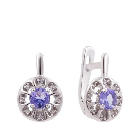 Серебряные серьги с танзанитами и фианитами с родированием