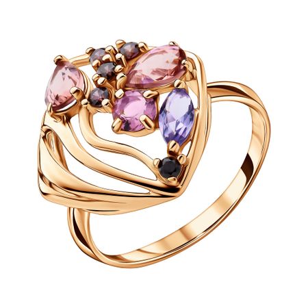 Серебряное кольцо с аметистом и морганитами с родолитом и фианитами с позолотой