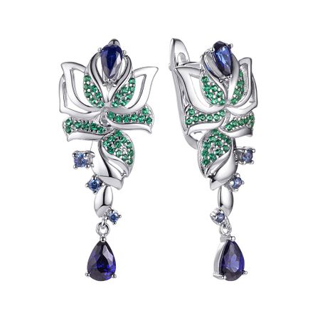 Серебряные серьги со шпинелью и фианитами с родированием