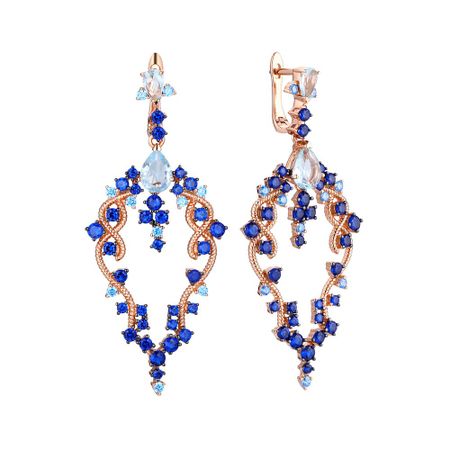 Серебряные серьги с кварцем и шпинелью с фианитами и позолотой