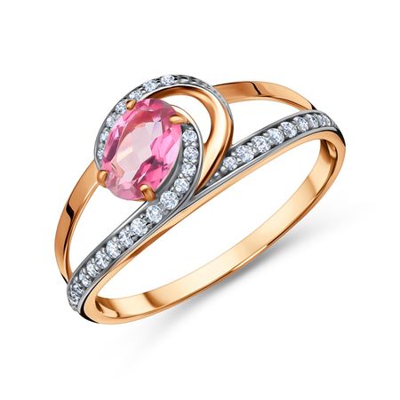 Золотое кольцо с топазом Pink и фианитами